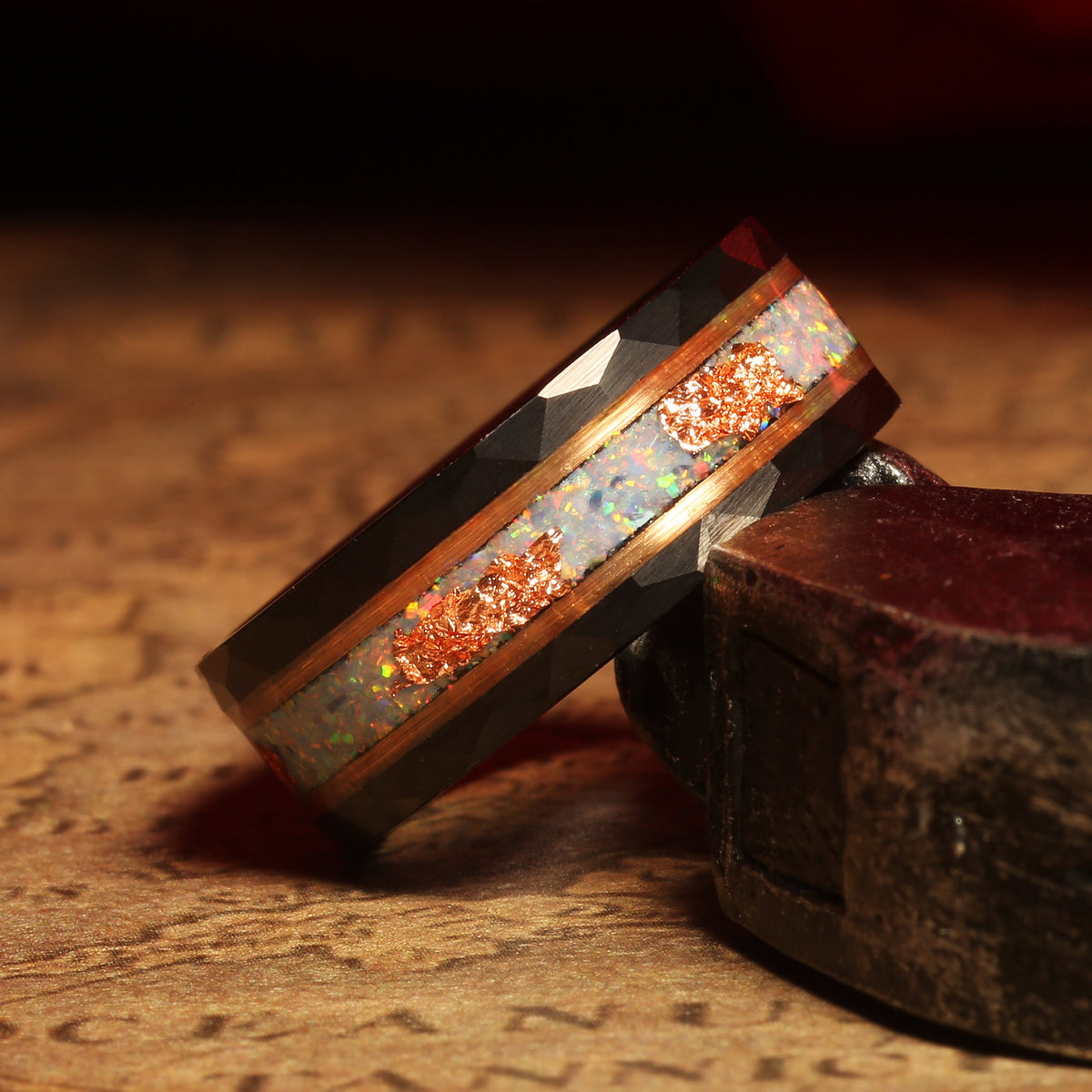 Men’s 8mm white opal gold leaf band with comfort fit
