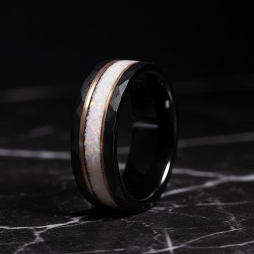 White Opal Rose Gold Strip Wedding Band for Men | 8mm Black Hammered Tungsten Ring 3