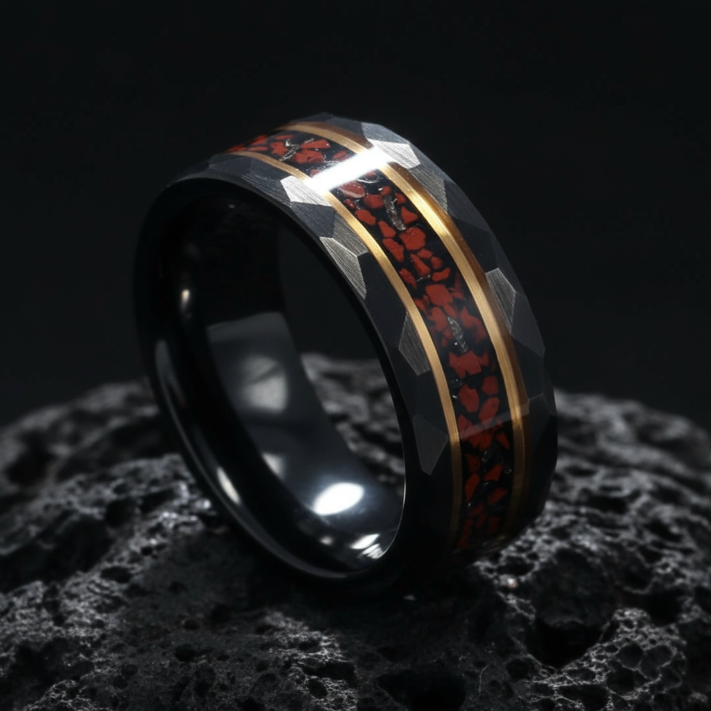 Men’s ancient dinosaur bone meteorite ring with rose gold detail