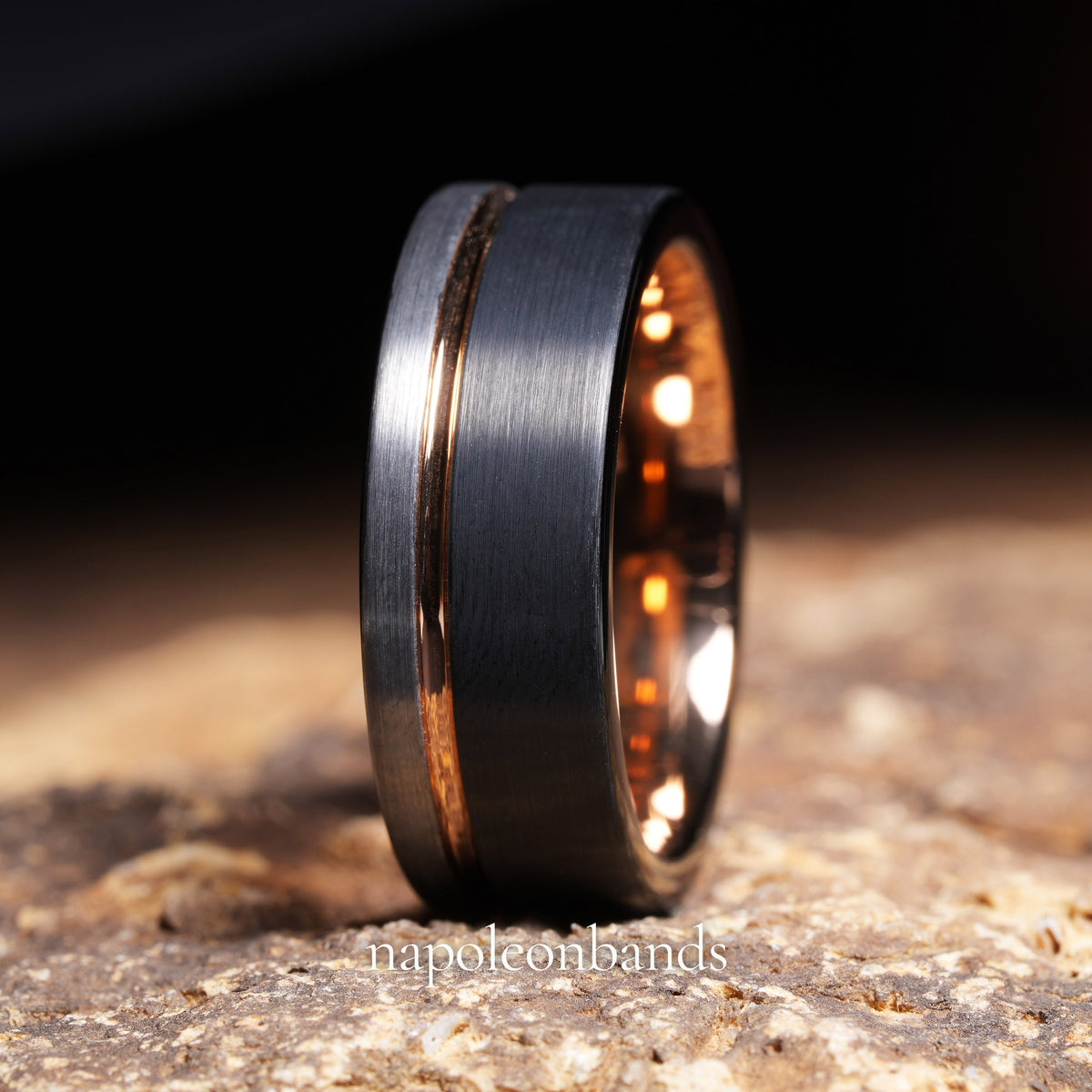 Men’s asymmetric tungsten wedding band with rose gold and silver contrast
