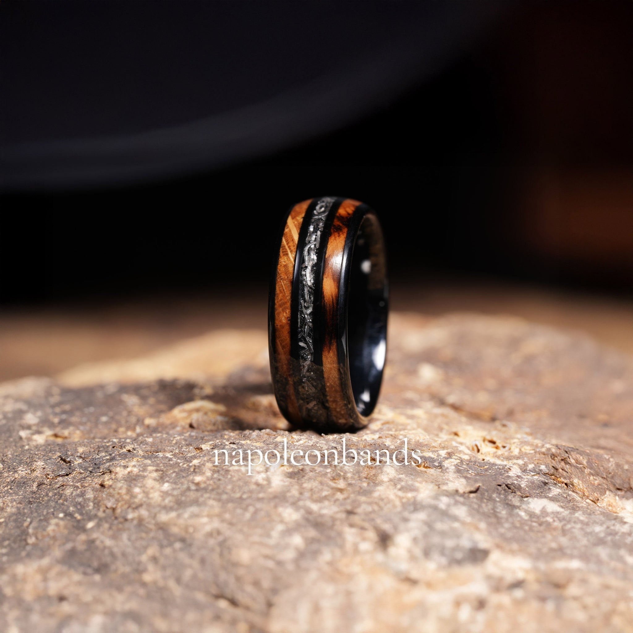 Whiskey Barrel Meteorite Wedding Band for Men | 8mm Domed Black Tungsten Ring
