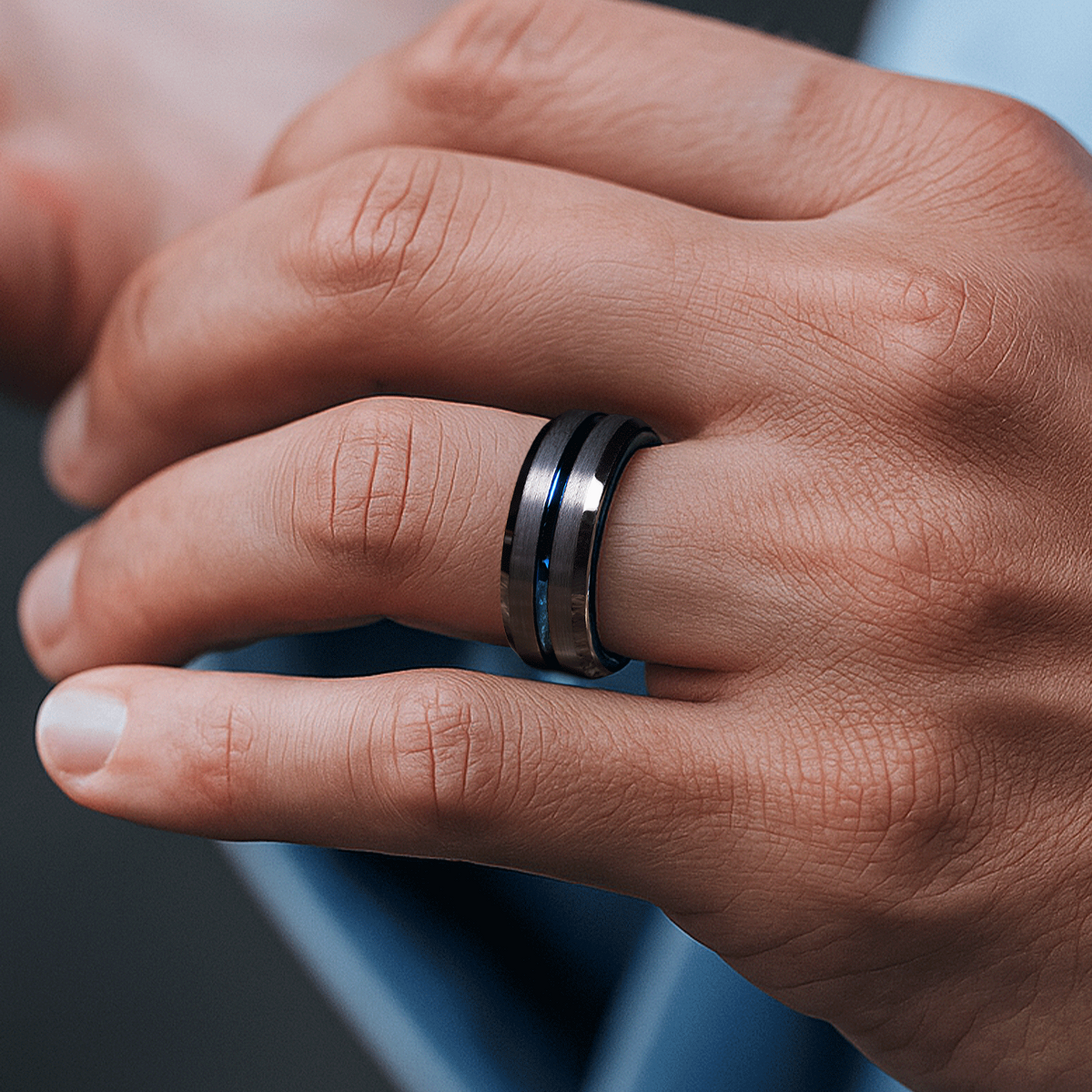 Men’s black brushed tungsten blue line ring with matte finish