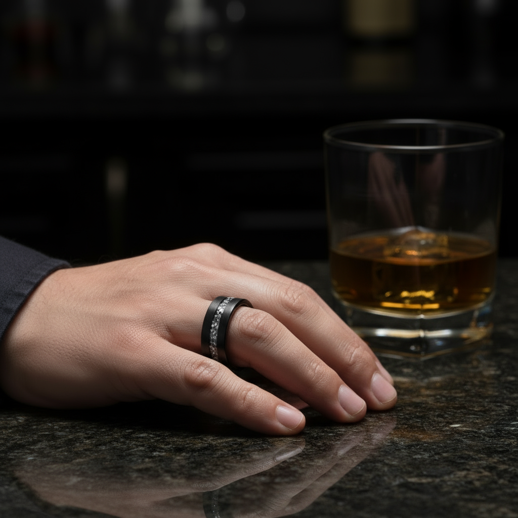 Men’s black brushed tungsten ring with genuine meteorite inlay