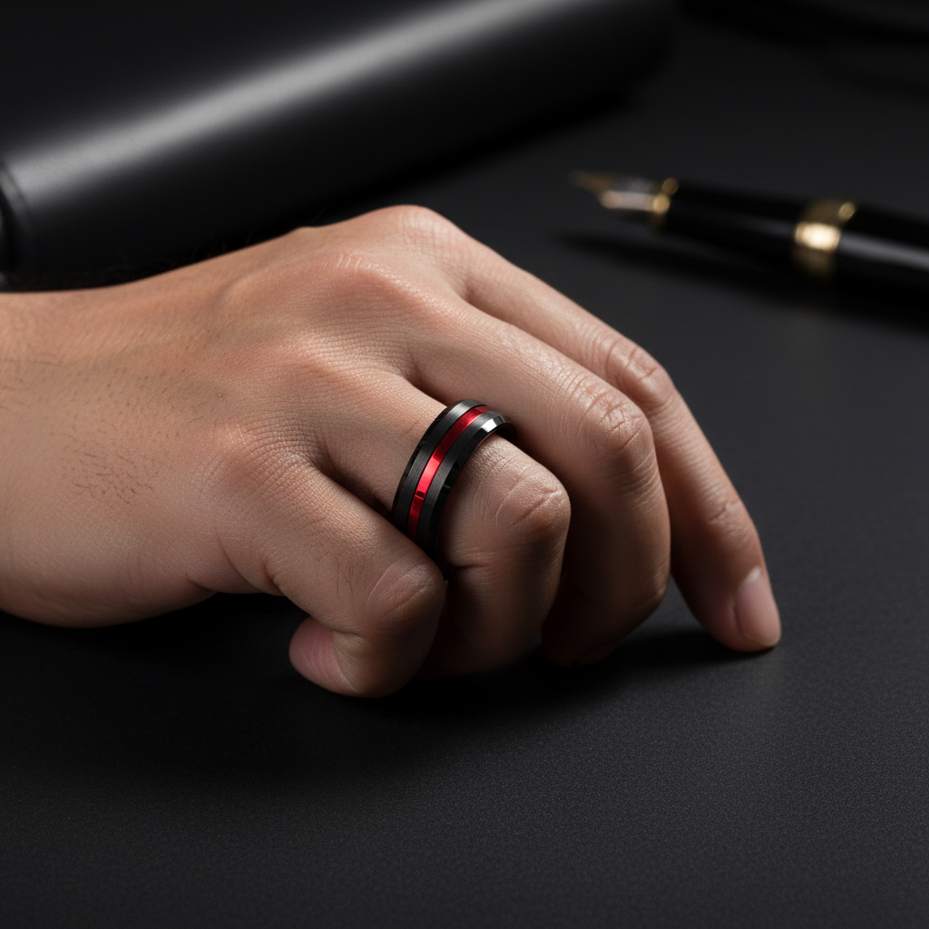 Firefighter Red Line Wedding Band for Men | 6mm Black Brushed Tungsten Ring