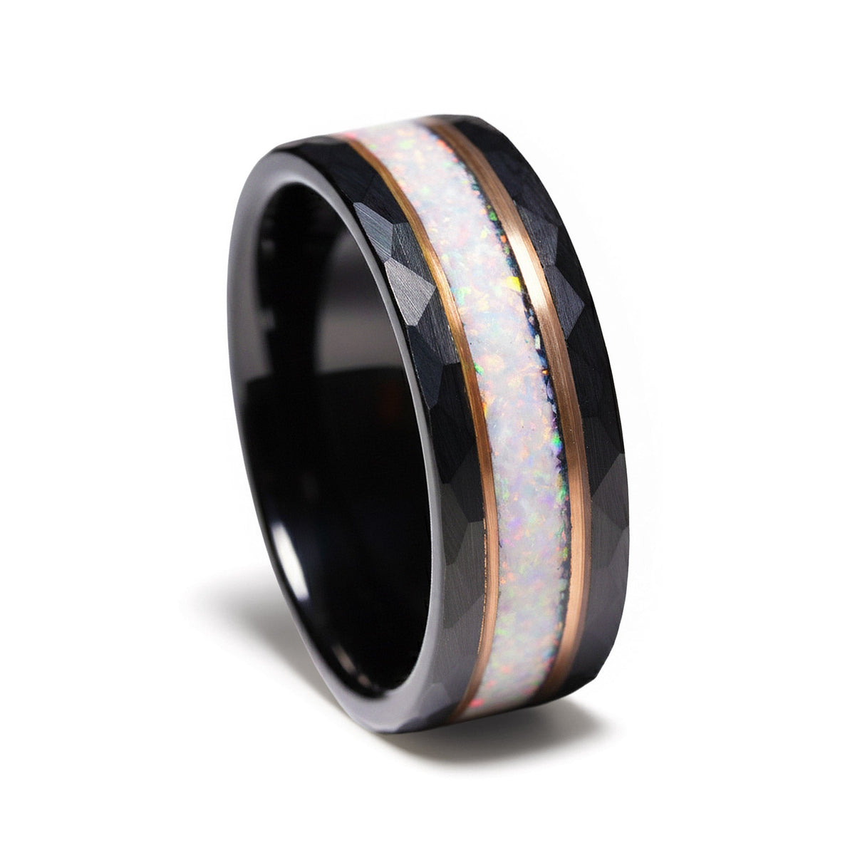 Men’s black hammered opal statement band with rose gold framing
