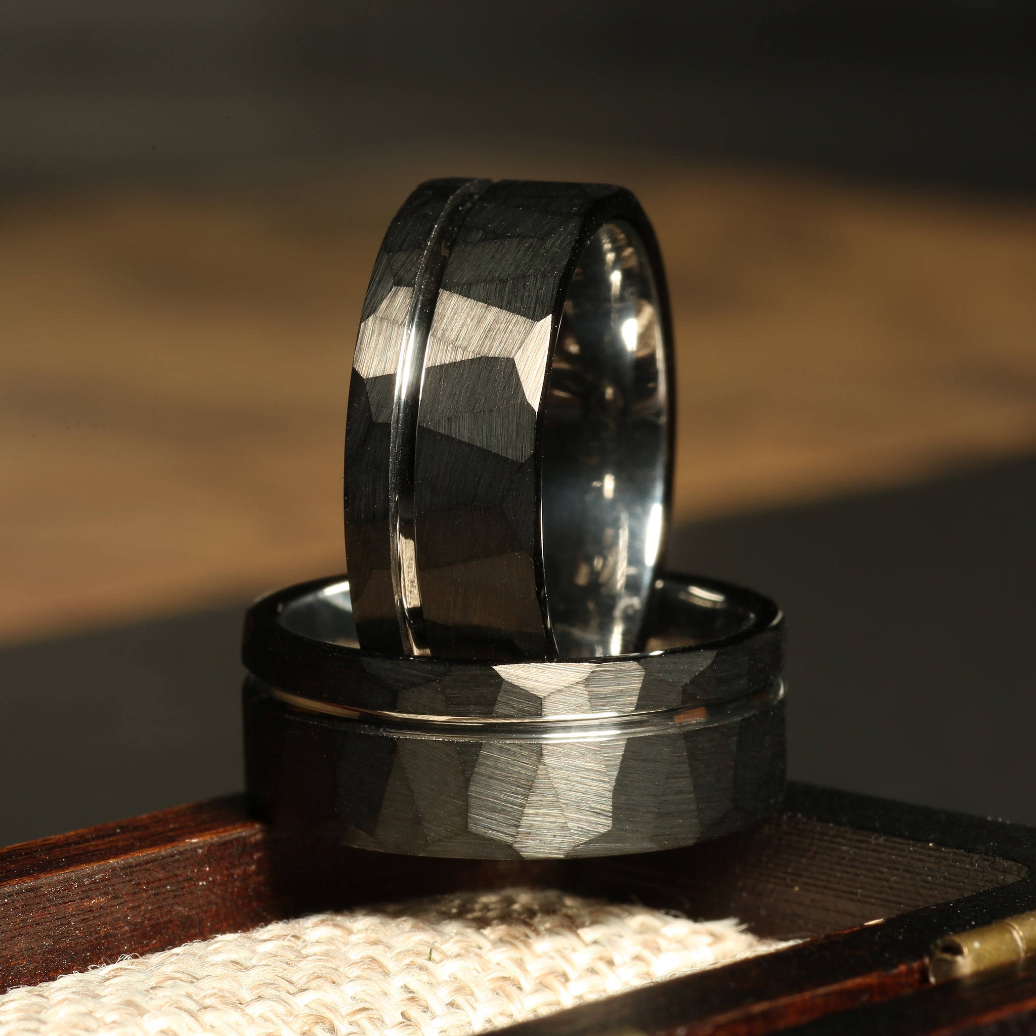 Black Hammered Tungsten Wedding Band for Men | 8mm Silver Interior Ring