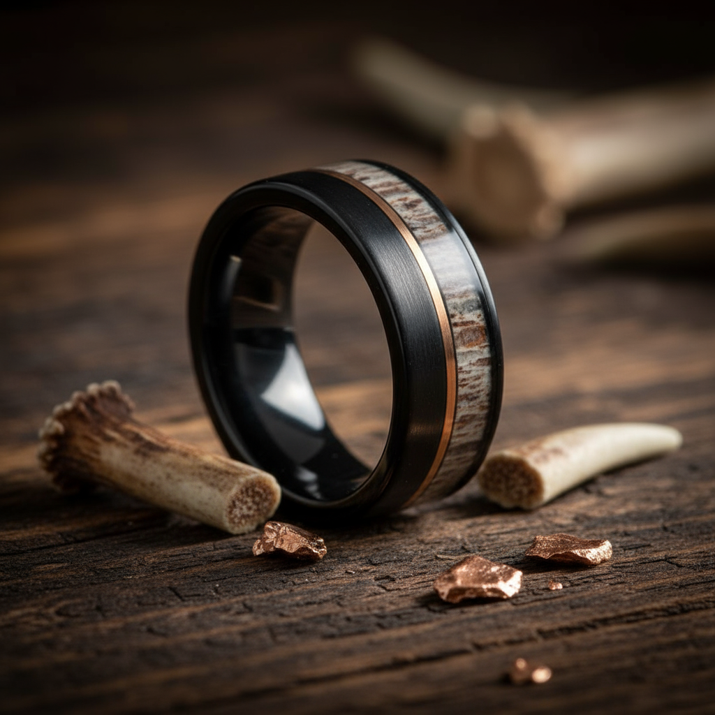 Deer Antler Rose Gold Strip Wedding Band for Men | 8mm Black Tungsten Ring
