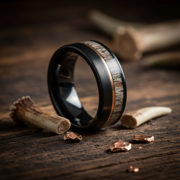 Deer Antler Rose Gold Strip Wedding Band for Men | 8mm Black Tungsten Ring 3