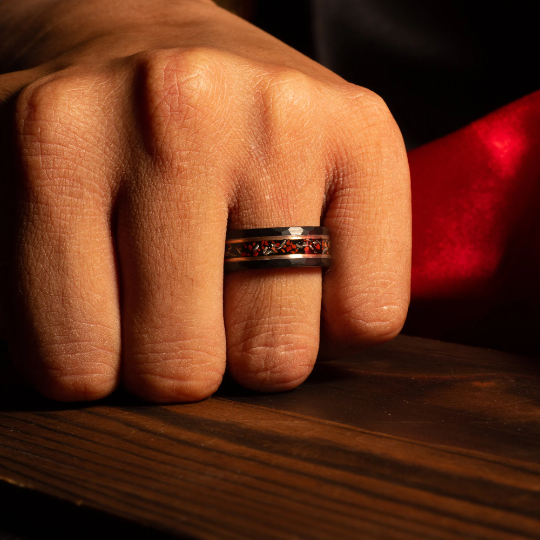 Men’s black tungsten ring with dinosaur bone and meteorite