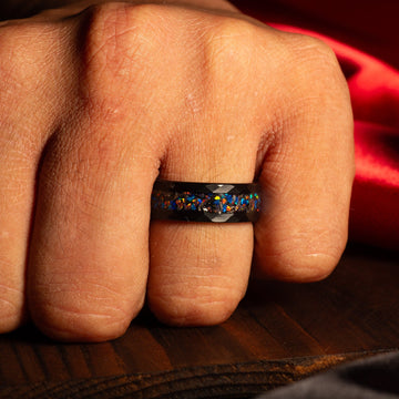 Meteorite Galaxy Opal Wedding Band for Men | 8mm Black Tungsten Ring 3