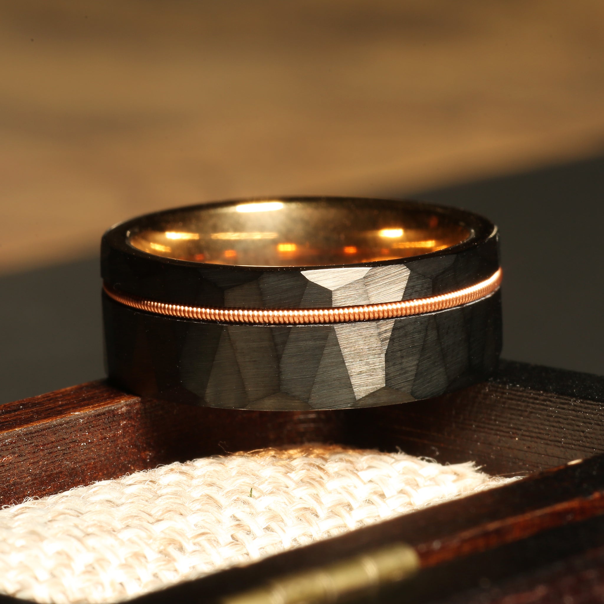 Guitar String Wedding Band for Men | 8mm Black Hammered Tungsten Ring