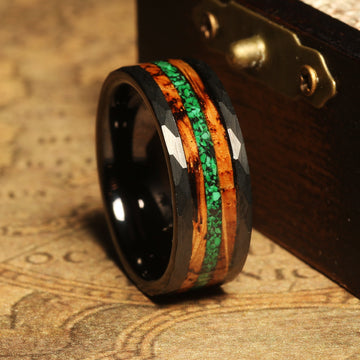 Malachite Whiskey Barrel Wedding Band for Men | 8mm Black Hammered Tungsten Ring 3