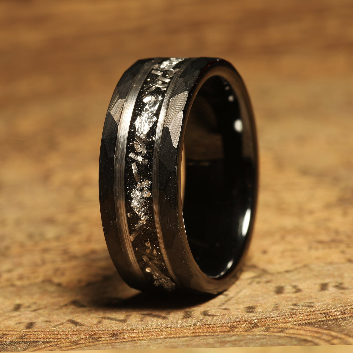 Men’s black tungsten ring with meteorite and silver leaf