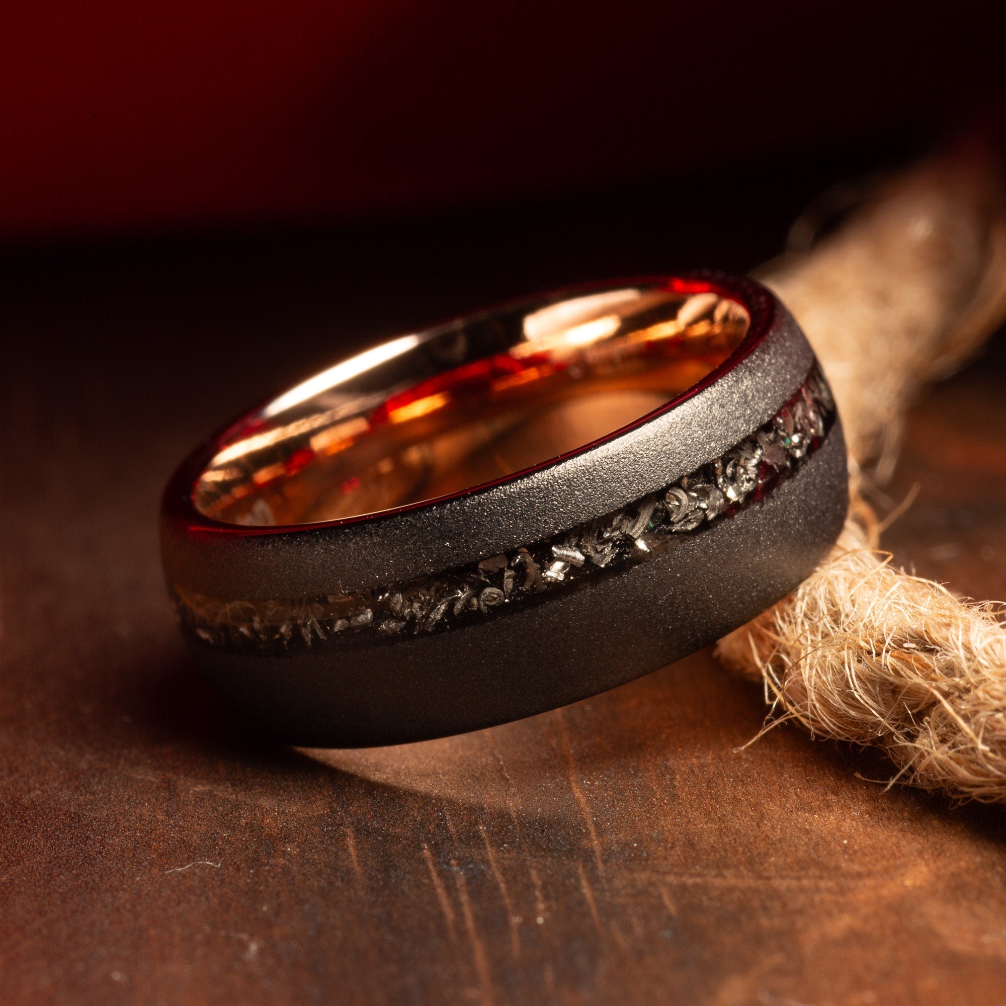 Meteorite Wedding Band for Men | 8mm Black Rose Gold Tungsten Ring