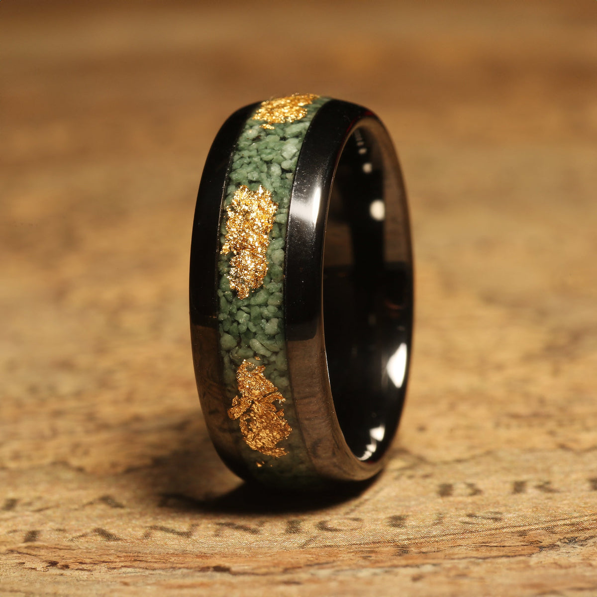 Men’s black tungsten ring with moss agate and 24k gold leaf
