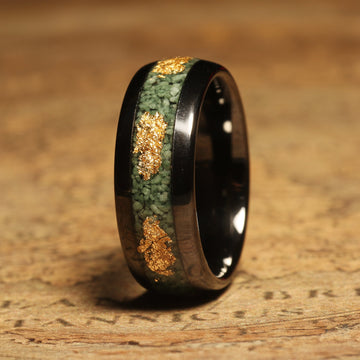 Moss Agate Gold Leaf Wedding Band for Men | 8mm Black Tungsten Ring 3