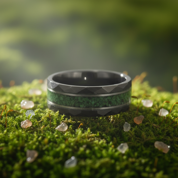 Moss Agate Silver Strip Wedding Band for Men | 8mm Black Hammered Tungsten Ring 3