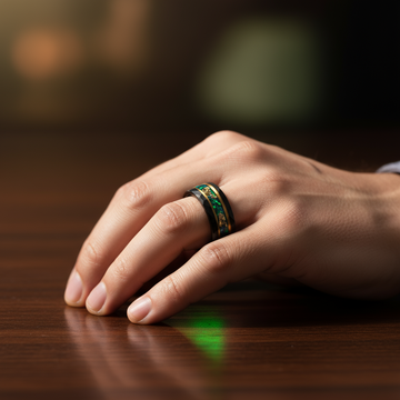 Blue Green Opal Gold Leaf Wedding Band for Men | 8mm Black Hammered Tungsten Ring 5