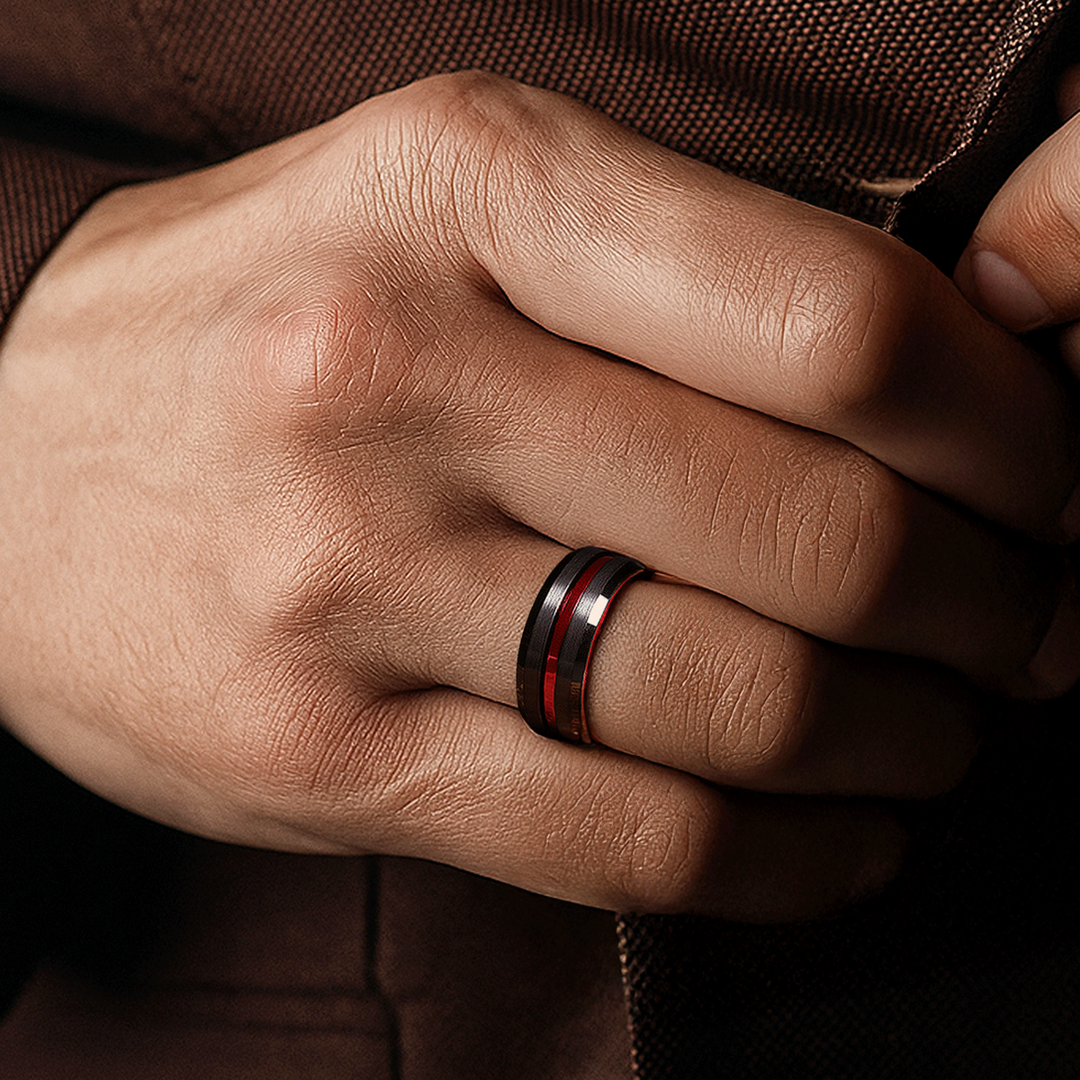 Men’s black tungsten red line ring with brushed matte finish