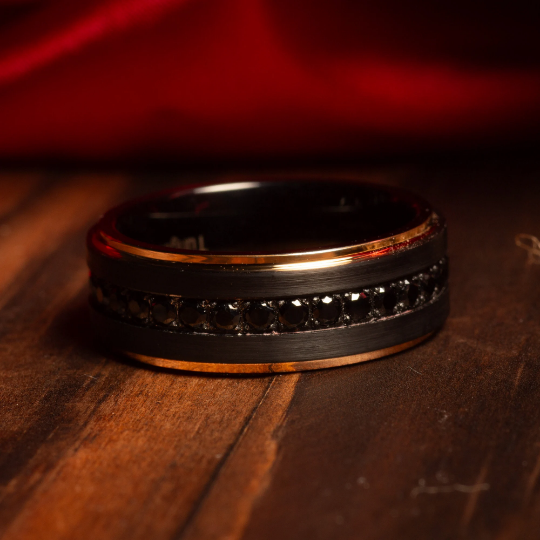Men’s black tungsten ring with black zircon stone inlay