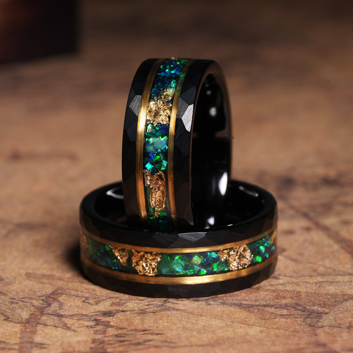Men’s blue green opal gold leaf wedding band with black hammered tungsten