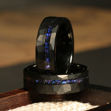Blue Sandstone Wedding Band for Men | 6mm Faceted Black Tungsten Ring 1