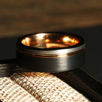 Corporate Rose Gold Strip Wedding Band for Men | 8mm Black Brushed Tungsten Ring 1