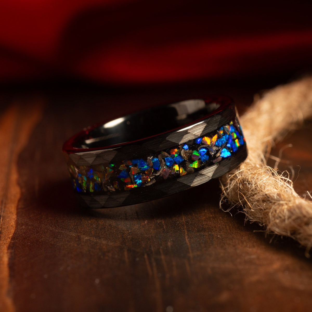 Men’s cosmic meteorite opal ring with black tungsten