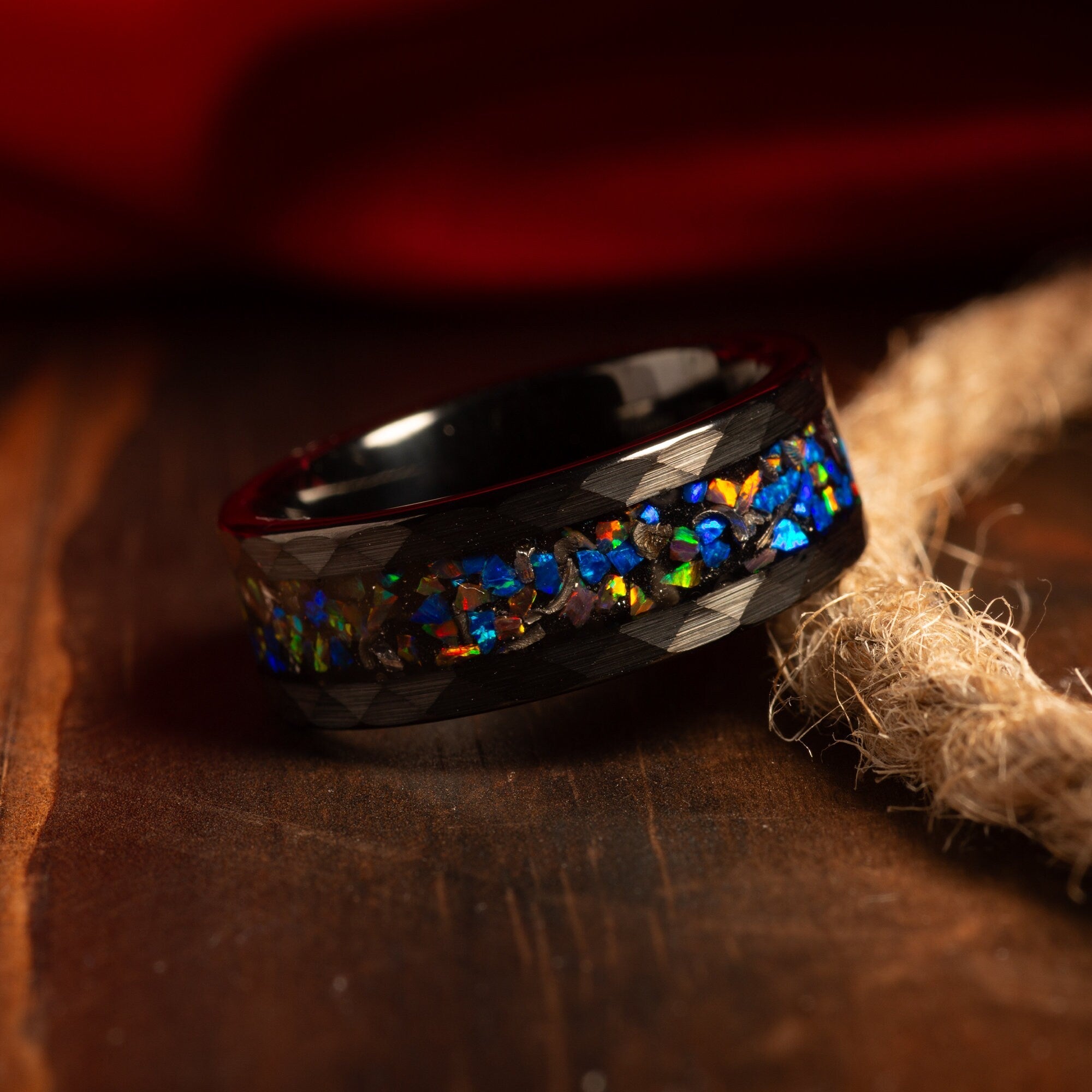 Meteorite Galaxy Opal Wedding Band for Men | 8mm Black Tungsten Ring