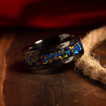 Meteorite Galaxy Opal Wedding Band for Men | 8mm Black Tungsten Ring 7