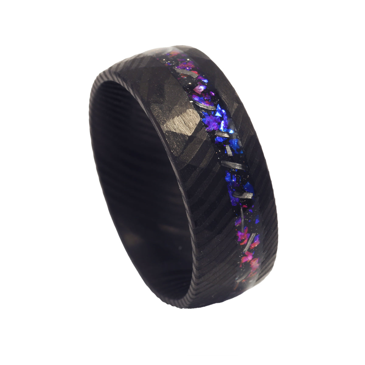 Men’s Damascus steel ring with meteorite and blue sandstone