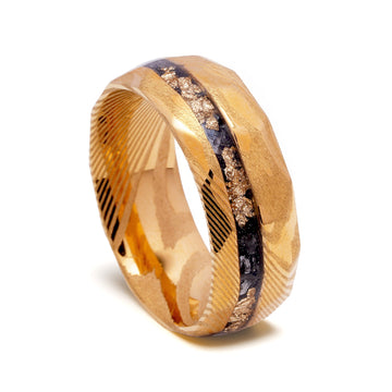 Meteorite Obsidian Gold Leaf Damascus Wedding Band for Men | 8mm Forged Ring 9