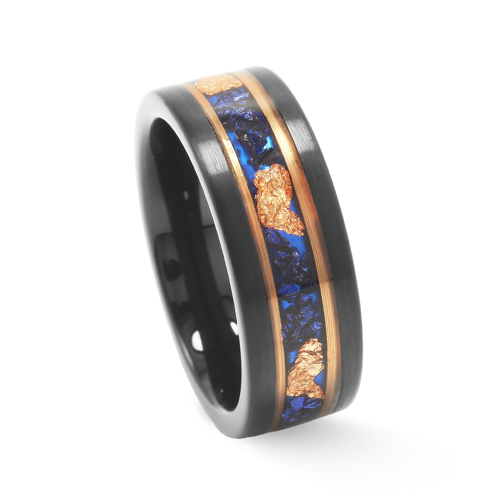 Blue Sapphire Gold Leaf Wedding Band for Men | 8mm Black Tungsten Ring