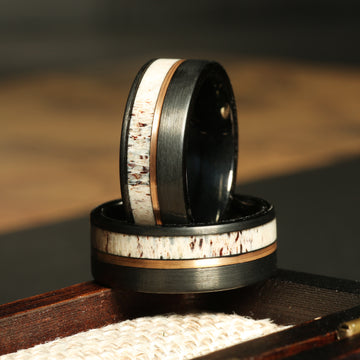 Deer Antler Rose Gold Strip Wedding Band for Men | 8mm Black Tungsten Ring 1