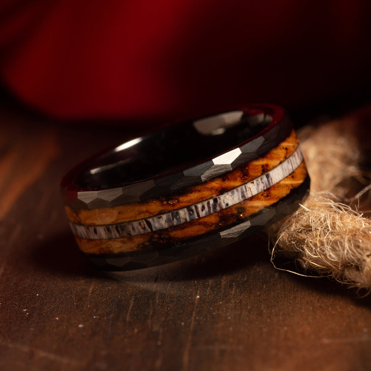 Men’s deer antler wedding band with charred barrel wood