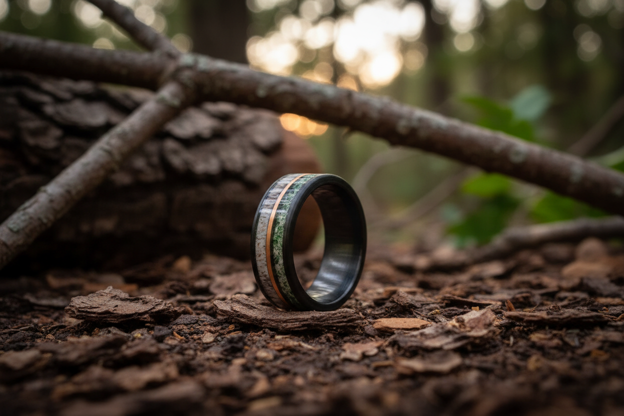 Moss Agate Deer Antler Wedding Band for Men | 8mm Rose Gold Tungsten Ring