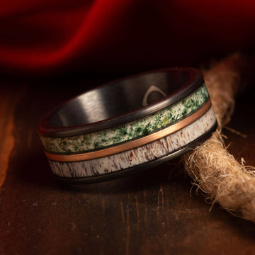 Moss Agate Deer Antler Wedding Band for Men | 8mm Rose Gold Tungsten Ring 5