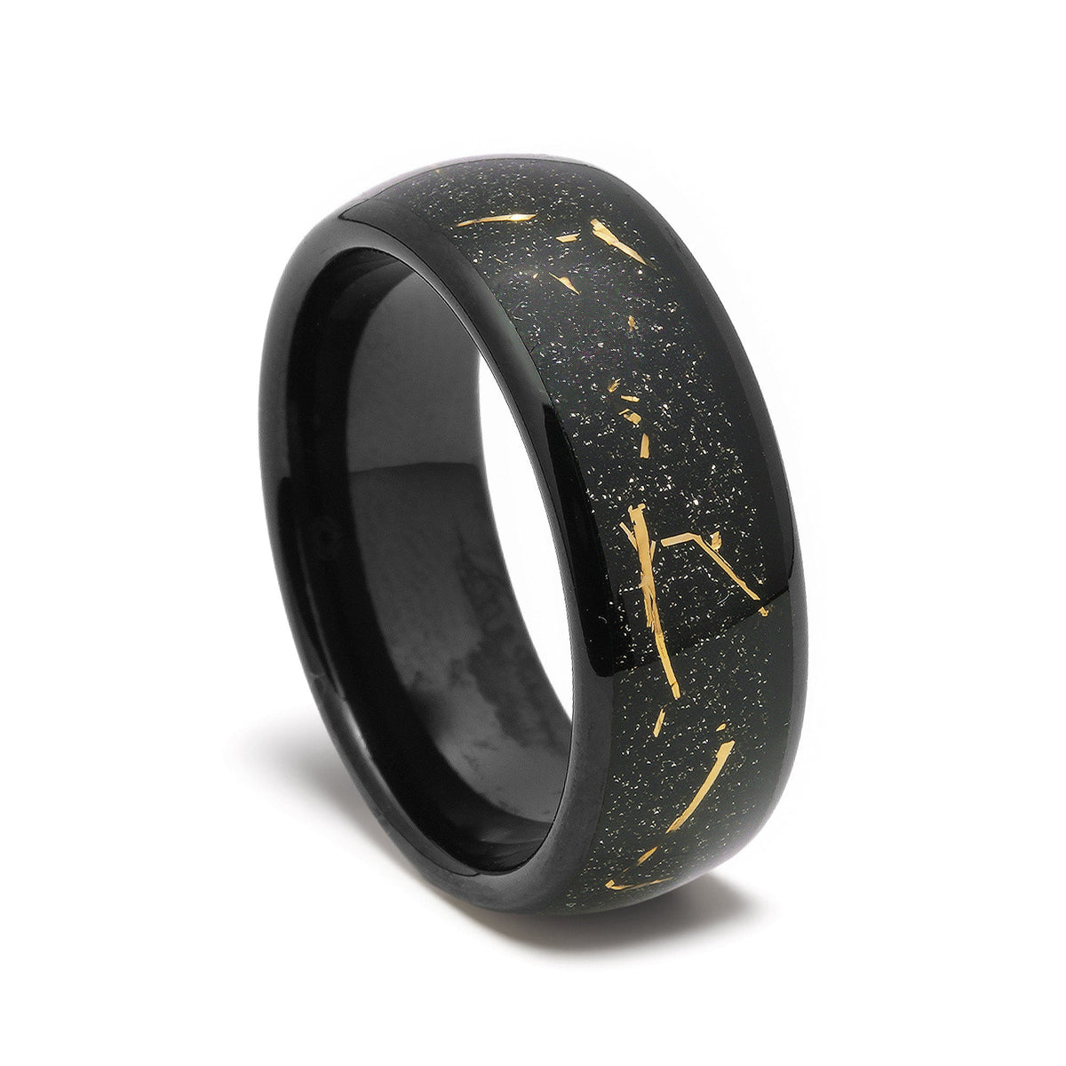 Men’s domed black gold sandstone ring with genuine meteorite texture