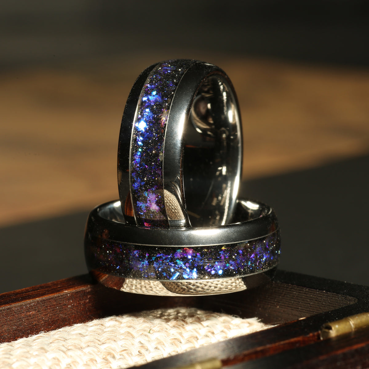 Milky Way Blue Sandstone Wedding Band for Men | 8mm Silver Tungsten Ring