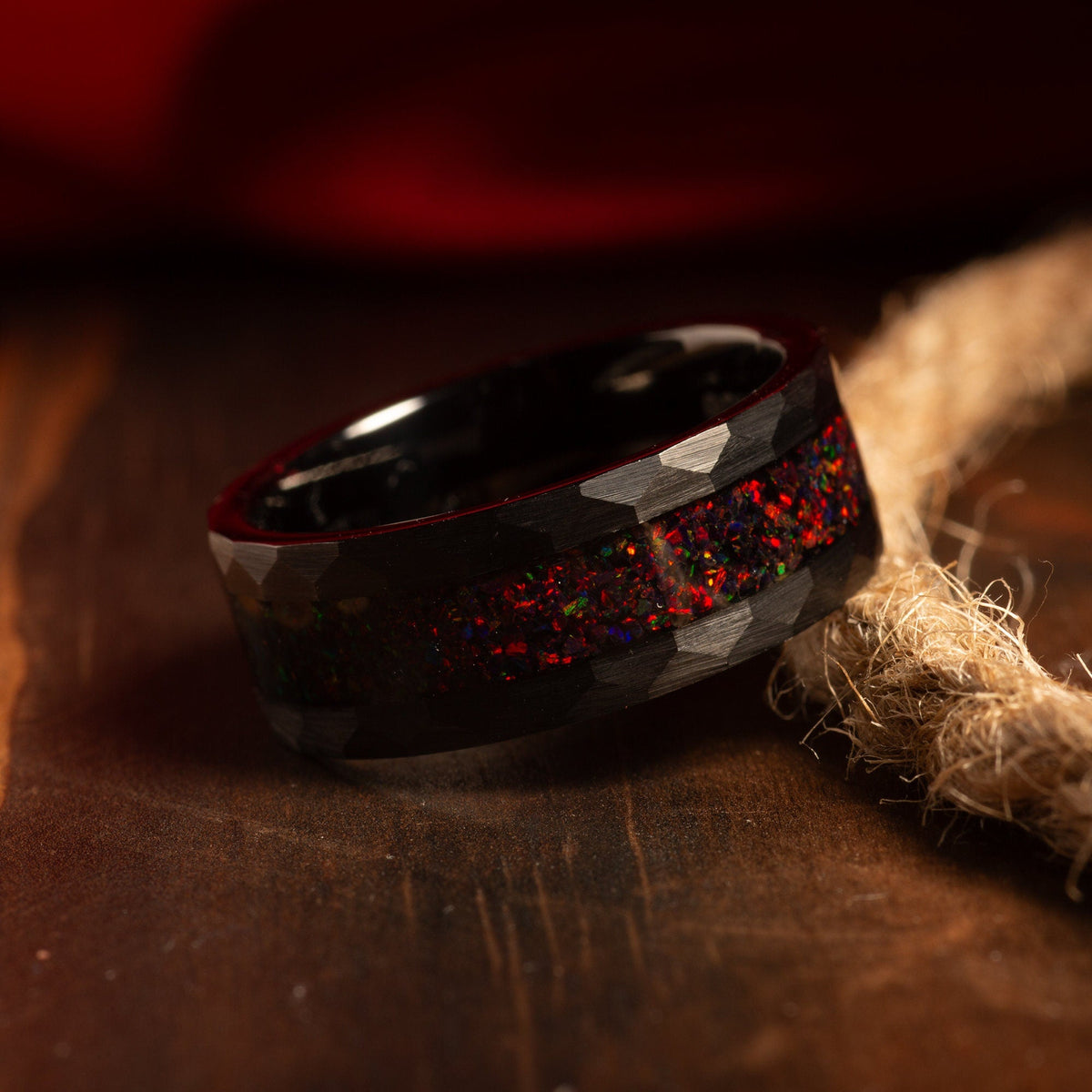 Men’s Dragon Rider fire opal wedding band with black tungsten