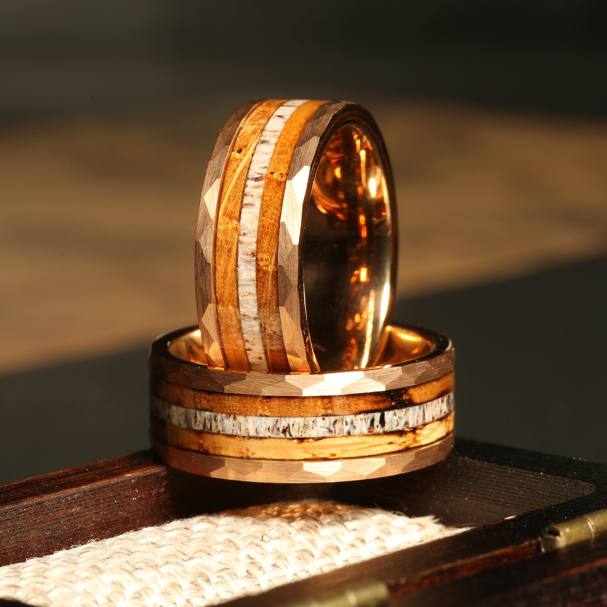 Elk Whiskey Barrel Deer Antler Wedding Band for Men | 8mm Rose Gold Tungsten Ring