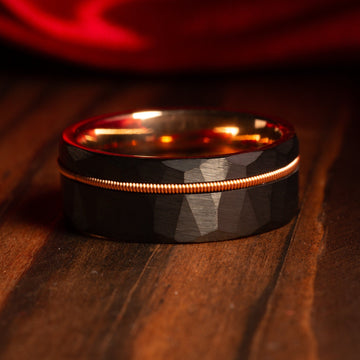Guitar String Wedding Band for Men | 8mm Black Hammered Tungsten Ring 6