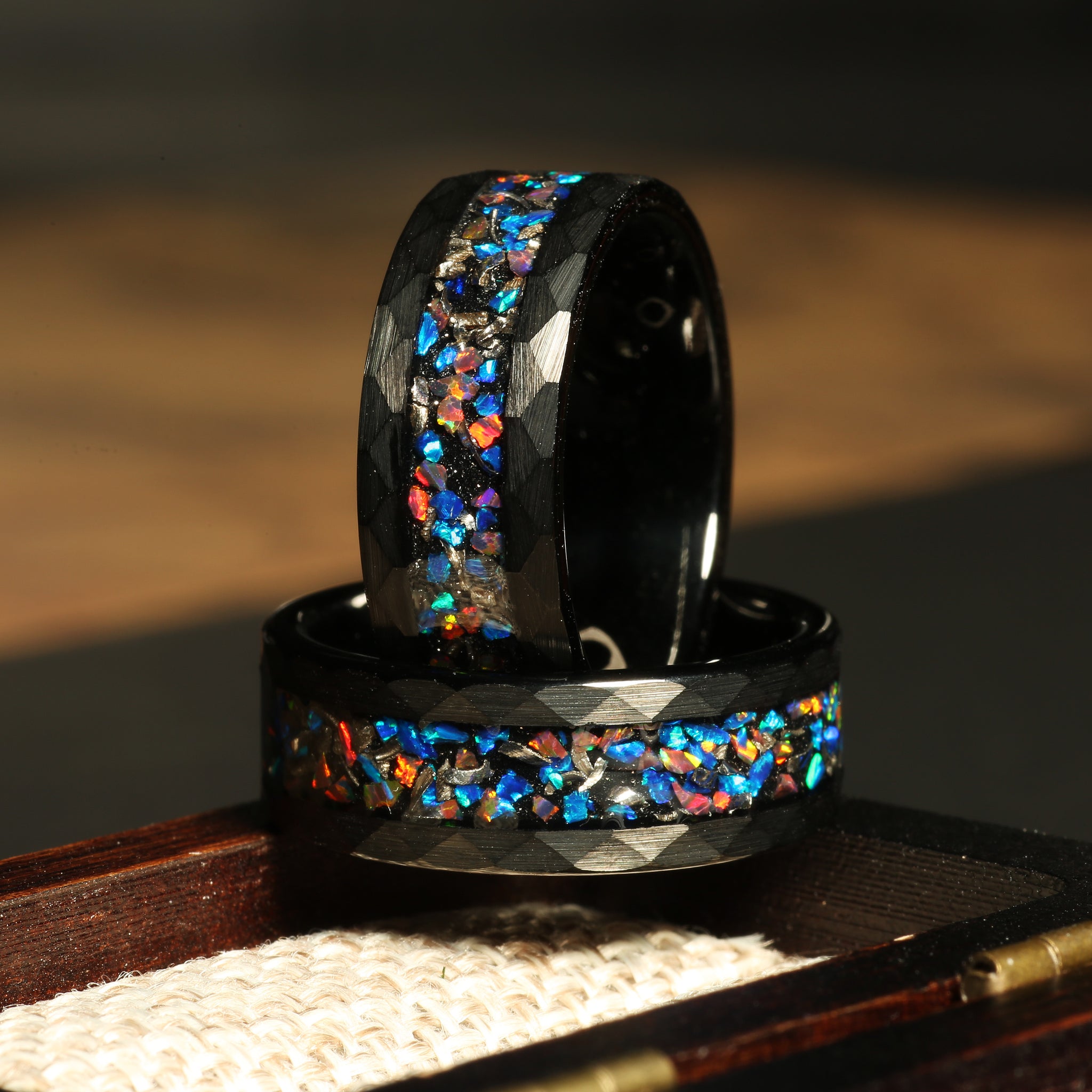 Meteorite Galaxy Opal Wedding Band for Men | 8mm Black Tungsten Ring