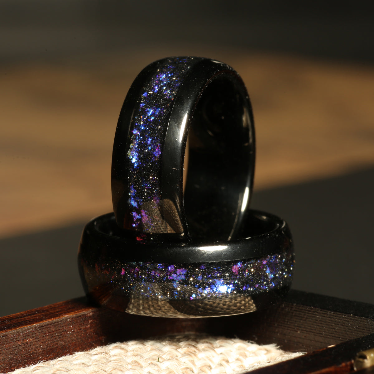 Men’s galaxy opal nebula wedding band with black tungsten