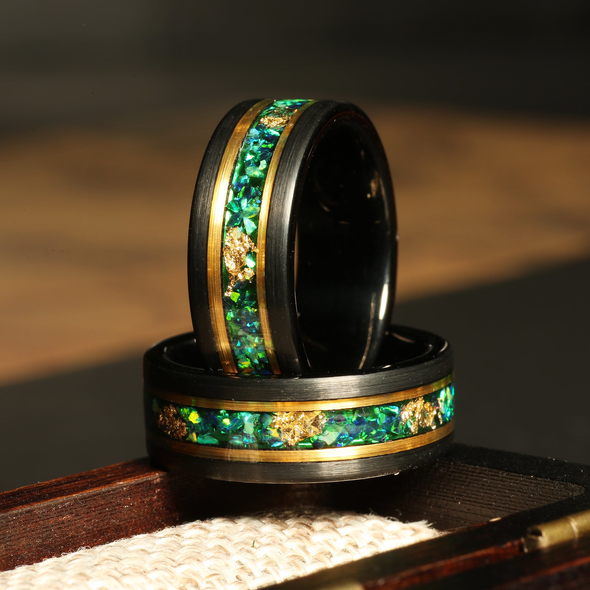 Green Garnet Meteorite Wedding Band for Men | 8mm Yellow Gold Tungsten Ring