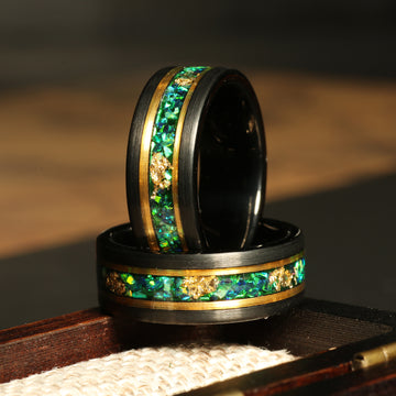 Green Garnet Meteorite Wedding Band for Men | 8mm Yellow Gold Tungsten Ring 1