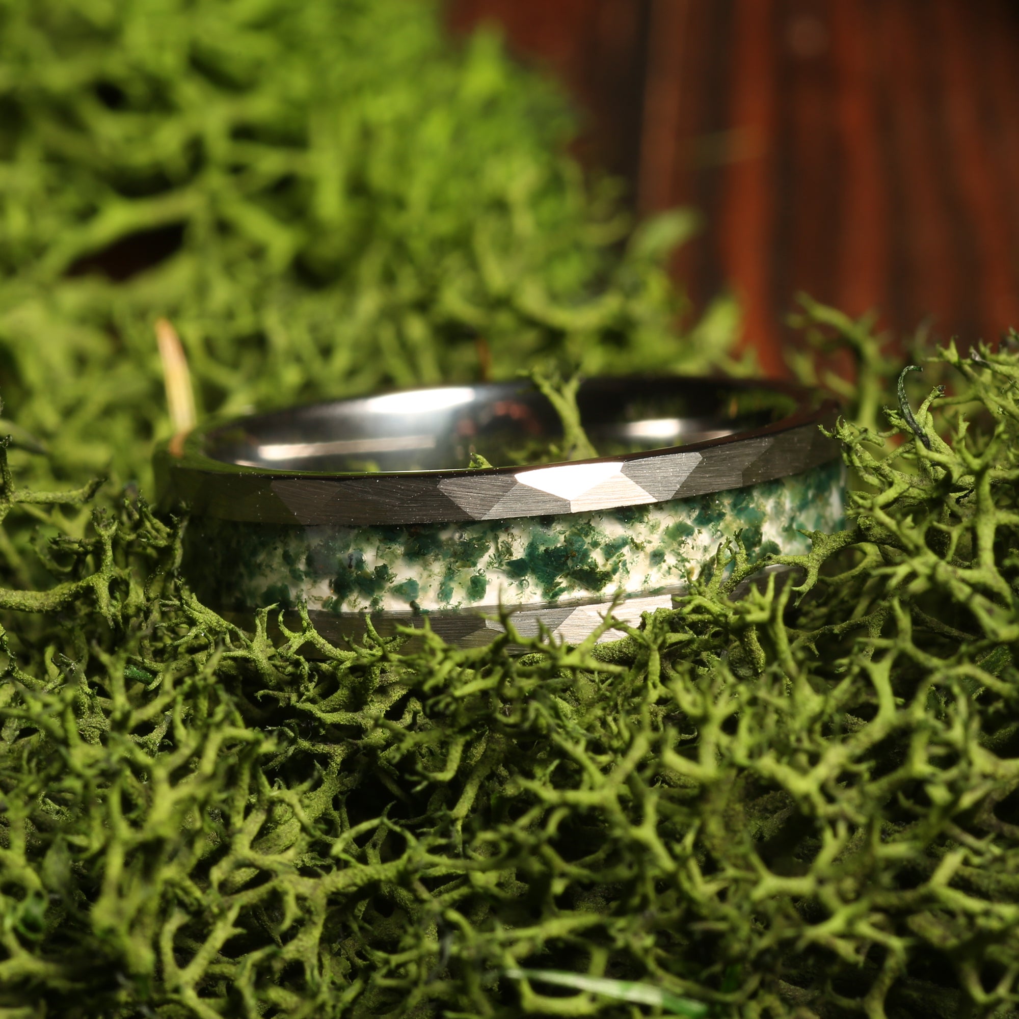 Moss Agate Nature Ring for Men | 6mm Silver Hammered Tungsten Band