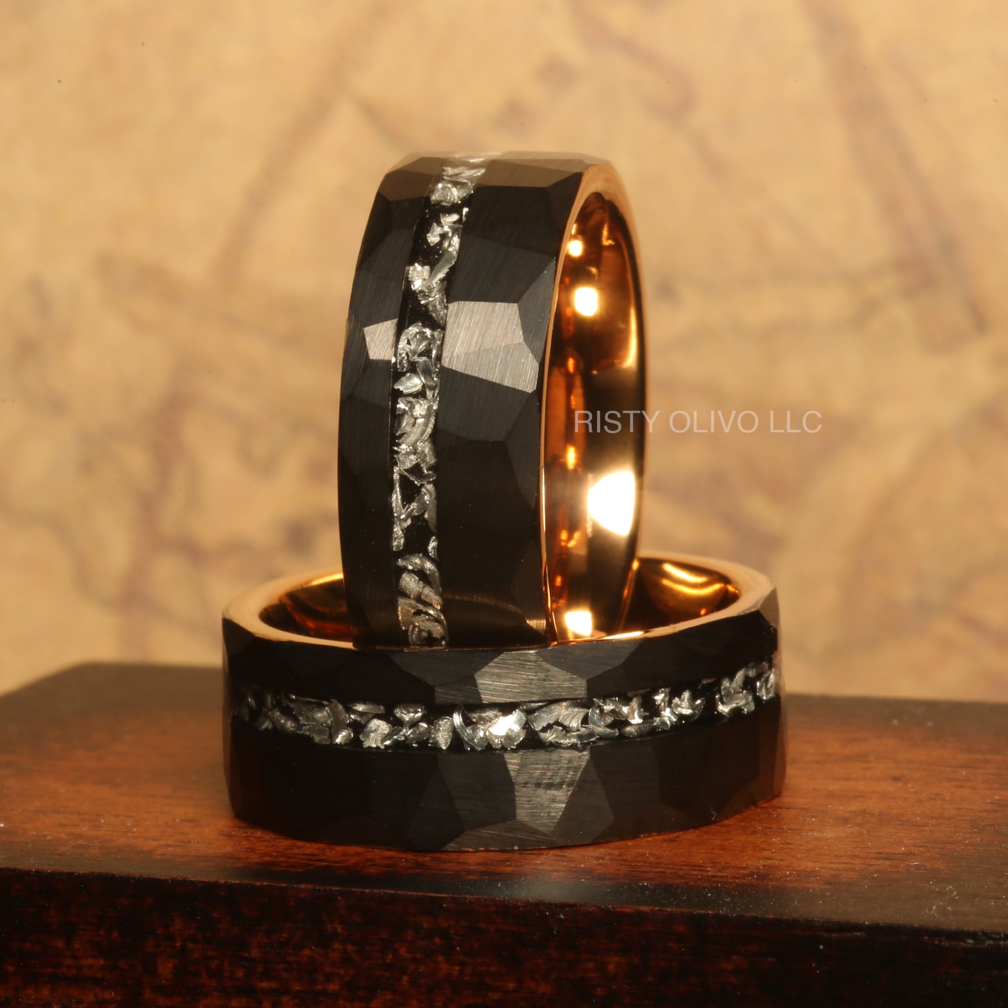 Meteorite Black Tungsten Wedding Band for Men | 8mm Rose Gold Interior Ring