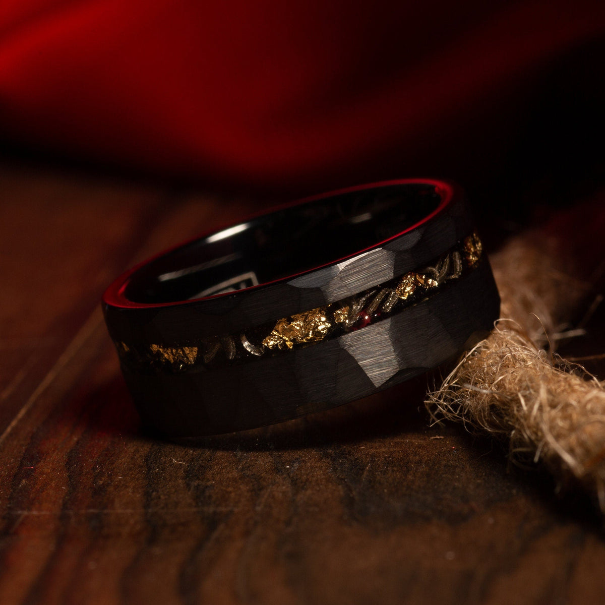 Men’s hammered black tungsten ring with meteorite and gold leaf