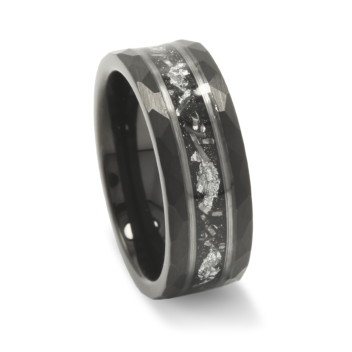 Men’s hammered meteorite wedding band with silver leaf detail